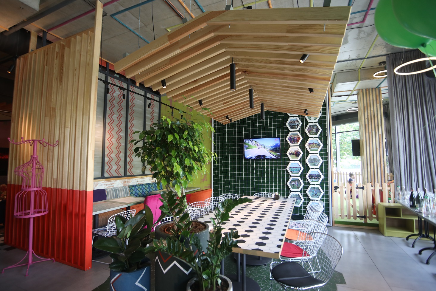 Outdoor seating area of a restaurant with modern design